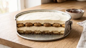 "A cross-section view of a partially assembled Tiramisu cake in a springform pan, showing two distinct layers of espresso-dipped ladyfingers and smooth mascarpone cream."