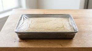 A metal baking pan containing the soaked cake tightly wrapped in plastic wrap.
