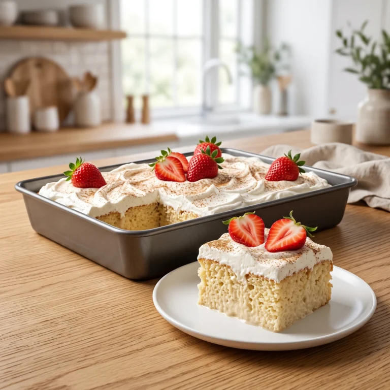 A slice of moist Tres Leches cake on a white plate next to a full baking pan, garnished with whipped cream, cinnamon, and fresh strawberries.