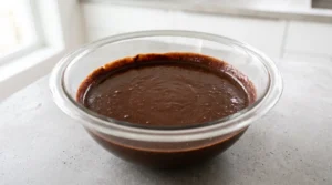 "A glass bowl with a thin, glossy chocolate cake batter, achieved by mixing in flour, sugar, baking soda, and salt."