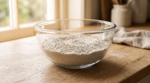 A glass bowl containing flour, baking powder, and salt on a wooden countertop, ready to be whisked together.