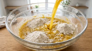 "Pineapple juice being poured into a large glass mixing bowl containing flour and wet cake batter, demonstrating the process of combining ingredients."