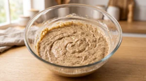 "A large clear glass bowl filled with the fully mixed banana cake batter, showing a smooth, speckled texture on a light oak wooden counter."