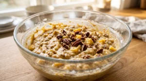 "A clear glass bowl filled with thick Hummingbird cake batter, folded with toasted pecans on a light oak kitchen counter."