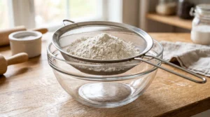 "Flour being sifted into a clear glass bowl, with a strainer resting on top, set on a wooden kitchen counter to prepare the dry ingredients for a cake."