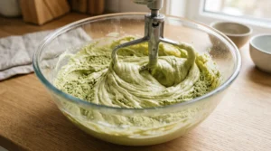 "A large glass bowl with green matcha cake batter being mixed with a stand mixer on a light oak kitchen counter."