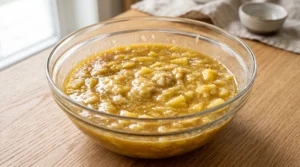 "A large clear glass bowl containing a mixture of eggs, oil, vanilla, mashed bananas, and crushed pineapple, blended together on a light oak wooden kitchen counter."