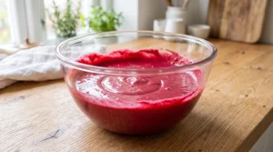 "A large glass bowl filled with a smooth, vibrant red cake batter, sitting on a light oak kitchen counter."