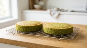 "Two freshly baked, round matcha cake layers cooling on a wire rack, set on a light oak kitchen surface."