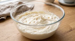 "A large glass bowl containing a pale, airy, and fluffy mixture of beaten butter, oil, and sugar on a light oak kitchen counter."