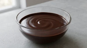 "A glass bowl filled with smooth, melted dark chocolate, created by mixing chopped chocolate with hot coffee."