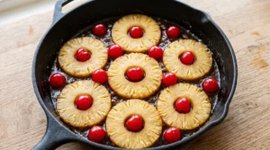 "A cast iron skillet prepared with a base of butter and brown sugar, topped with arranged pineapple rings and maraschino cherries in a beautiful pattern."