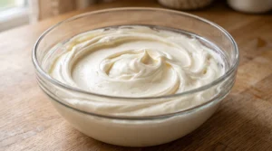 "A large clear glass bowl filled with smooth, thick, and creamy white frosting, sitting on a light oak wooden kitchen counter."