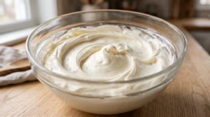 "A large glass bowl filled with smooth, white cream cheese frosting, swirled to perfection on a light oak kitchen counter."
