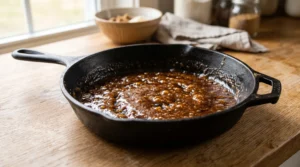 "A black cast iron skillet containing a bubbling mixture of melted butter and brown sugar, forming a thick, smooth caramel base on a wooden kitchen counter."