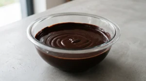 "Sifted cocoa powder being whisked into a dark chocolate and coffee mixture in a glass bowl to create a smooth, rich batter base."