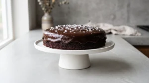 "A rich Chocolate Olive Oil Cake topped with smooth, glossy chocolate ganache and a sprinkle of flaky sea salt on a white cake stand."