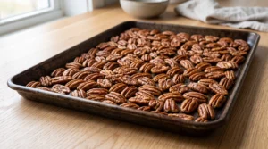 "Pecans spread out on a dark metal baking sheet, ready to be toasted in the oven on a wooden kitchen counter."