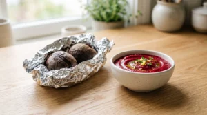 "Roasted beets in foil and a bowl of vibrant, smooth beetroot puree, prepared on a light oak kitchen counter."