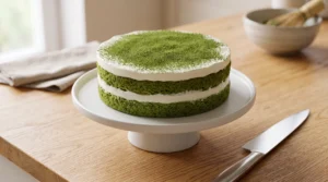 "A beautifully frosted matcha cake on a white stand, lightly dusted with vibrant green matcha powder, on a light oak kitchen counter."
