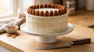 A beautifully frosted Hummingbird cake topped with a neat border of toasted pecan halves, presented on a white cake stand with a sharp knife nearby."