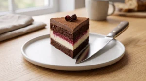 "A single slice of a rich, layered chocolate and fruit cake served on a white plate with a sharp knife, resting on a wooden surface."