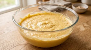 A glass bowl containing the fully incorporated Tres Leches cake batter on a wooden countertop.