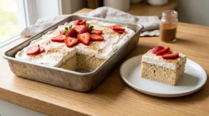 A sliced Tres Leches cake garnished with cinnamon and fresh strawberries, served on a white plate next to the baking pan.