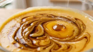 "A large glass bowl with a rich batter being mixed with fresh eggs and dark swirls of vanilla extract on a light oak kitchen counter."