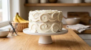 "A beautifully frosted two-layer banana cake with a smooth, swirled cream cheese finish, presented on a white cake stand on a light oak table."