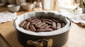 "Espresso-dipped ladyfingers arranged in a parchment-lined springform pan, creating the first layer of an authentic Tiramisu cake."