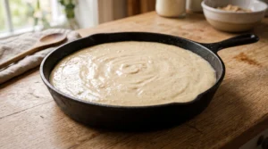 "A cast iron skillet filled with smooth, prepared cake batter, ready to be baked into a delicious pineapple upside-down cake on a kitchen counter."
