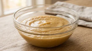 "A large clear glass bowl filled with smooth, mashed overripe bananas on a light oak kitchen counter."