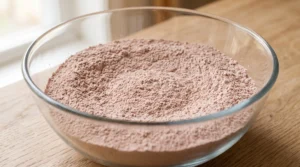 "A large glass bowl filled with a perfectly whisked mixture of flour, cocoa powder, and leavening agents on a light oak kitchen counter."