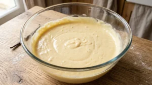 A large glass bowl filled with smooth, pale yellow Tres Leches cake batter on a rustic wooden table.