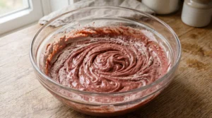"A large glass bowl containing a partially mixed red cake batter, with visible swirls of flour mixture, ready for the final fold."