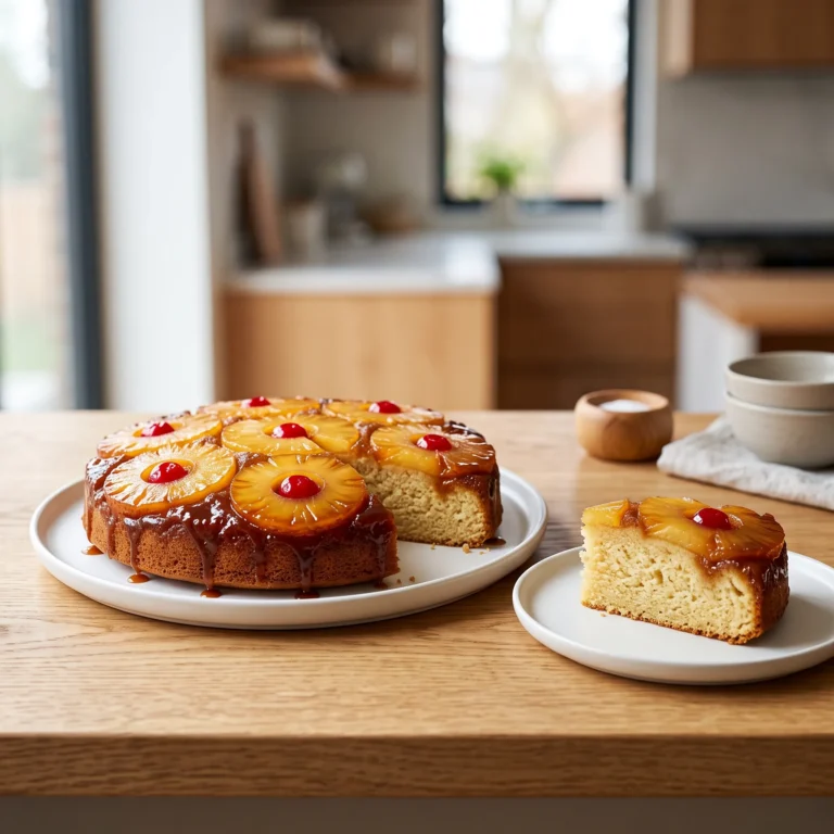 "A freshly baked Pineapple Upside Down Cake on a white plate with a slice served beside it, set on a wooden kitchen counter."