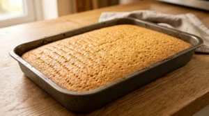A freshly baked golden cake in a pan with fork holes poked all over the surface.