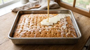 Rich milk mixture being poured slowly over a poked golden cake in a metal baking pan.