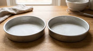 "Two round metal baking pans lined with greased parchment paper, set on a light oak wooden surface."