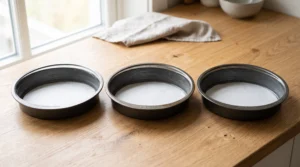 Three round 9-inch metal cake pans lined with parchment paper and lightly greased, sitting on a light oak wooden kitchen counter.