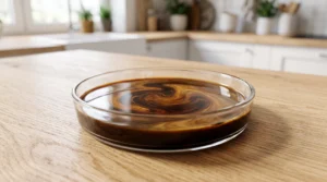 "A shallow glass dish filled with freshly brewed espresso mixed with rum, set on a light oak kitchen counter."