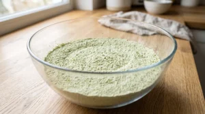 "A large glass bowl filled with a finely sifted, pale green matcha and flour mixture, sitting on a light oak wooden kitchen counter."
