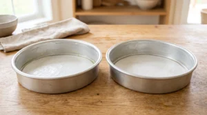 "Two round metal cake pans lined with greased parchment paper, sitting on a light oak wooden kitchen counter."