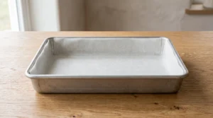 A 9x13-inch metal baking pan lined with parchment paper, resting on a wooden countertop, ready for Tres Leches cake batter.