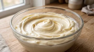 "A large glass bowl filled with smooth, creamy white frosting sitting on a light oak wooden kitchen counter."