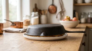 "A cast iron skillet placed upside down on a large white plate, just before being lifted to reveal a freshly baked pineapple upside-down cake."