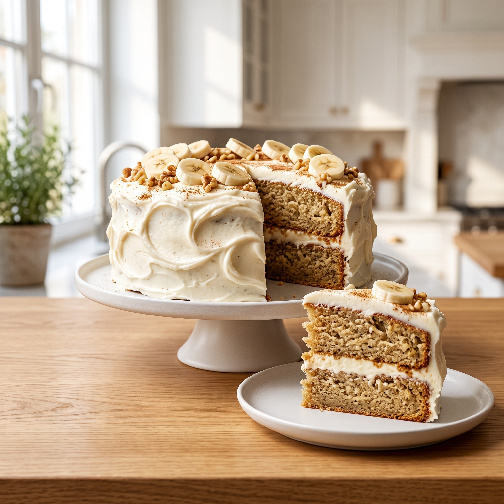 "A delicious, moist two-layer banana cake frosted with cream cheese, garnished with fresh banana slices and chopped walnuts, with a single slice served on a plate."
