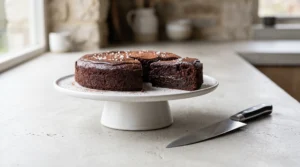 "A rich, cocoa-dusted Chocolate Olive Oil Cake served on a white cake stand, perfect for pairing with ice cream or fresh berries."
