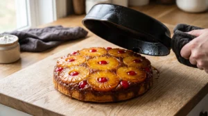 "A freshly baked, golden-brown Pineapple Upside Down Cake revealed after lifting the cast iron skillet, showcasing beautifully caramelized pineapple rings and cherries."